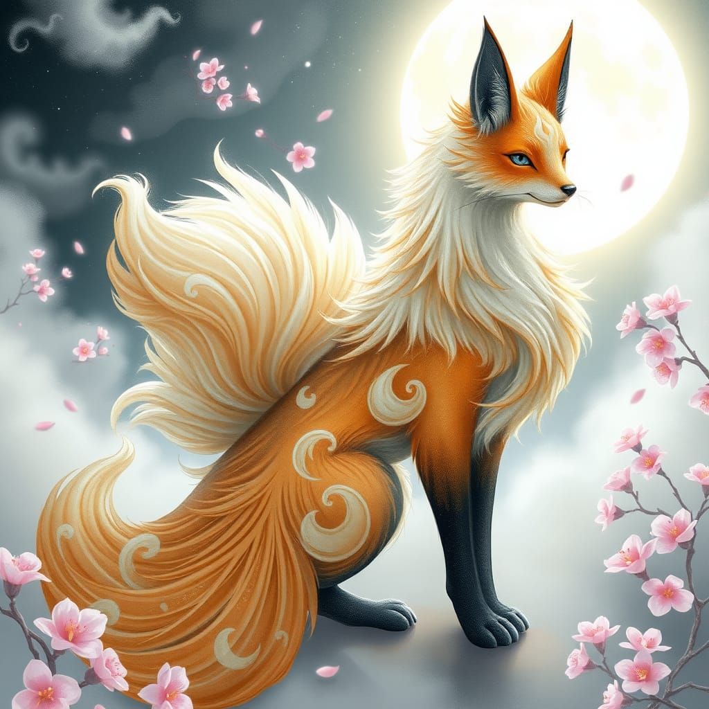 Mystical Nine-Tailed Kitsune in Ethereal Moonlight