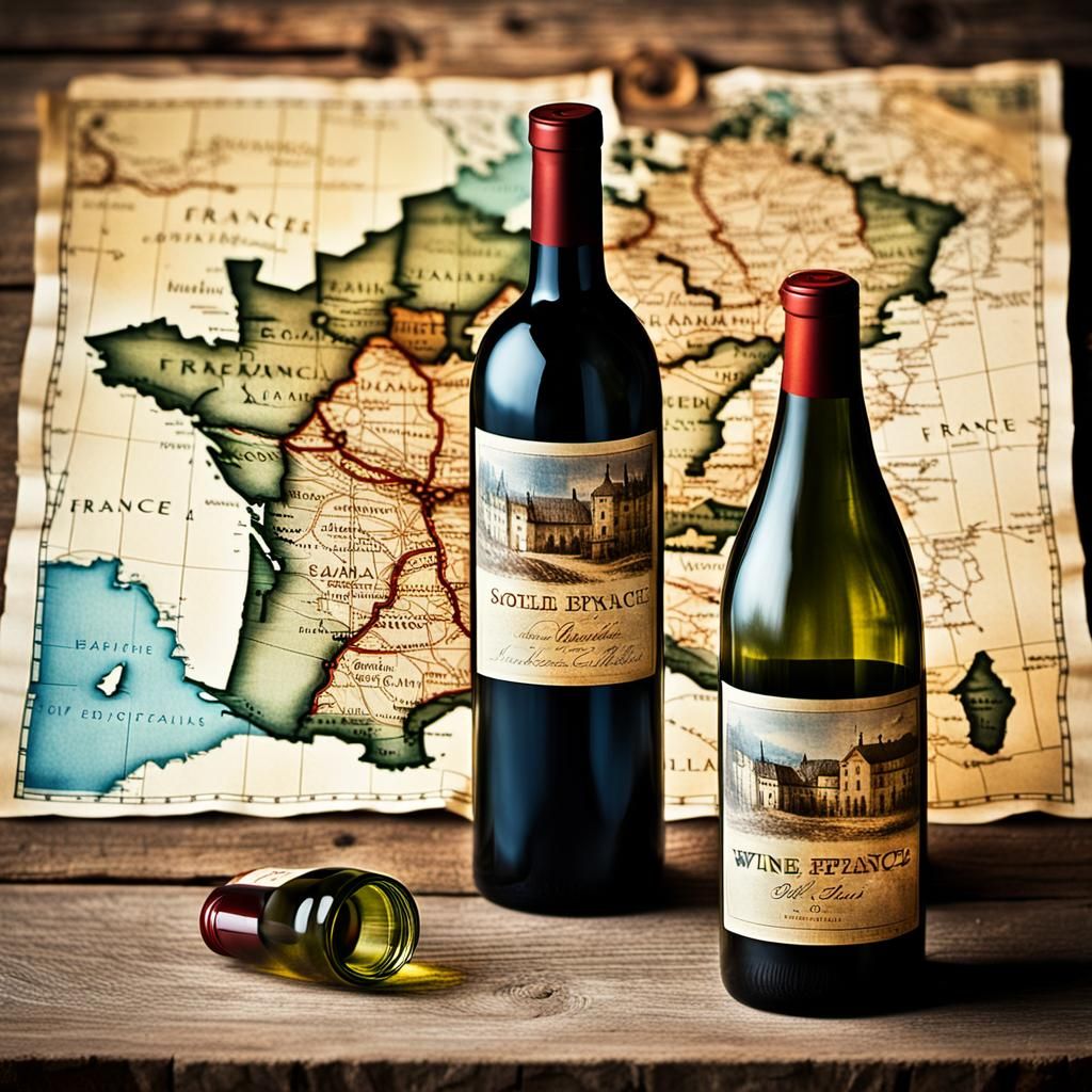 Vintage Map of France and Wine Bottles