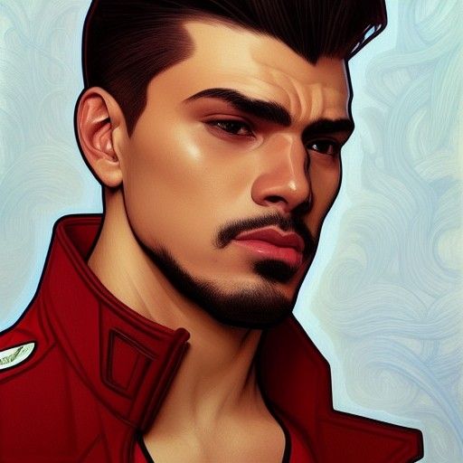 Detailed Portrait of Man in Red Coat, Art Nouveau Style