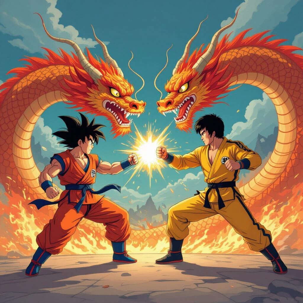 Goku and Bruce Lee Fight Fire Dragon in Anime Style