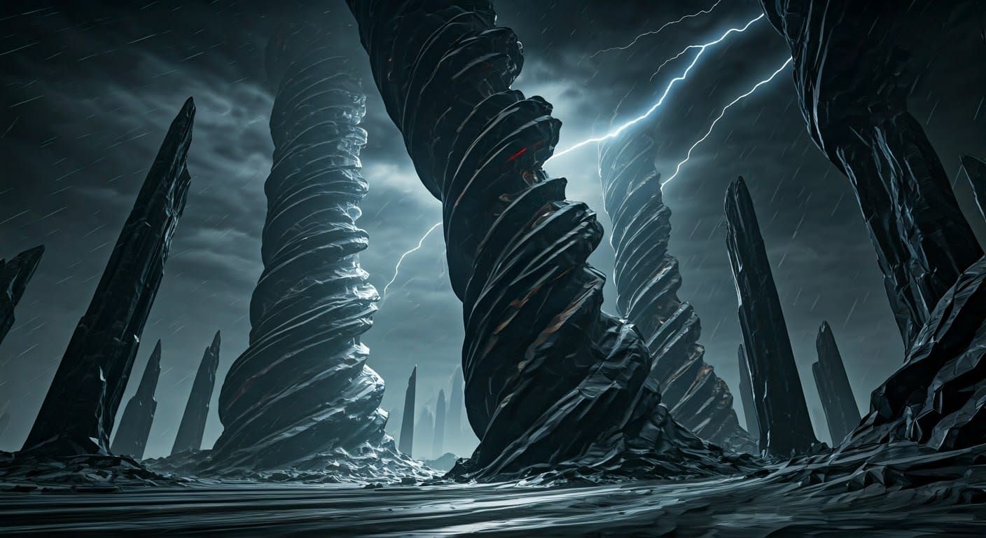 Twisted Obsidian Monoliths Amidst a Turbulent Black Sky