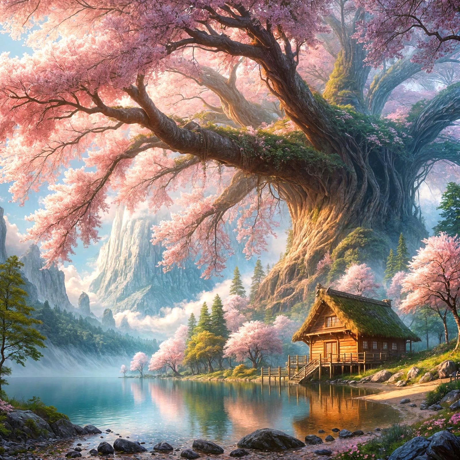 Dream House Under Sakura Trees: Photorealistic Rendering
