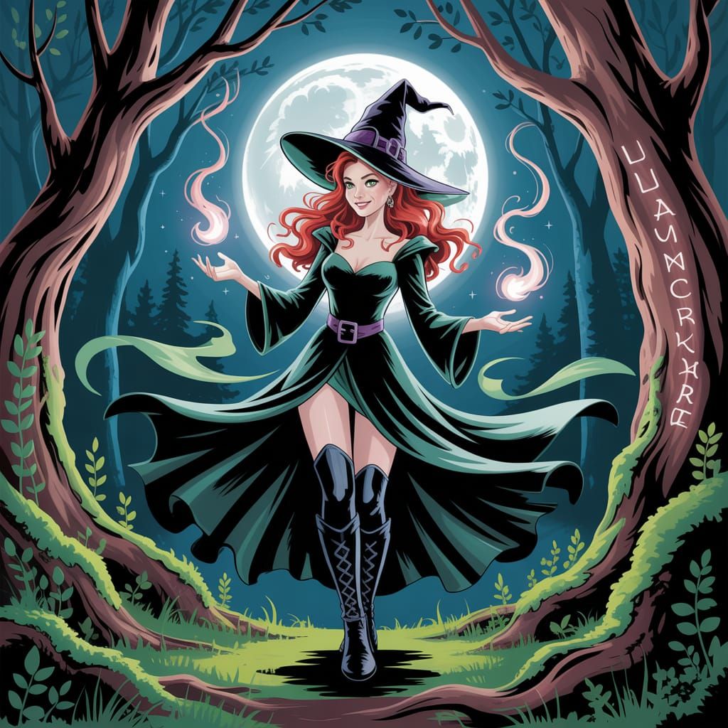Enchanting Witch Casting Spells in Moonlit Forest