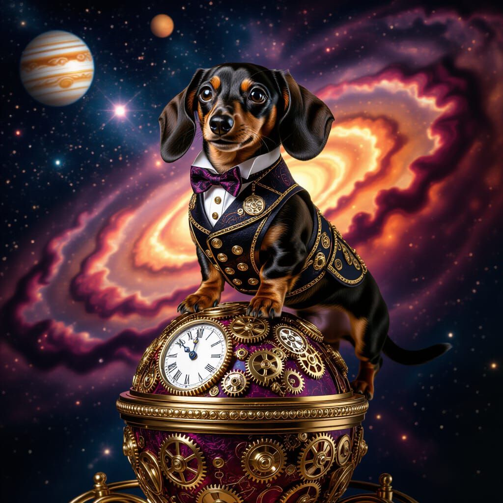 Steampunk Dachshund on Fabergé Egg with Cosmic Background