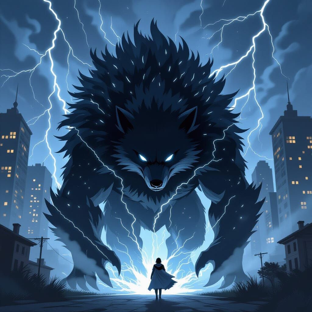 Massive Black Hedgehog-Hound Hero Towering Over City