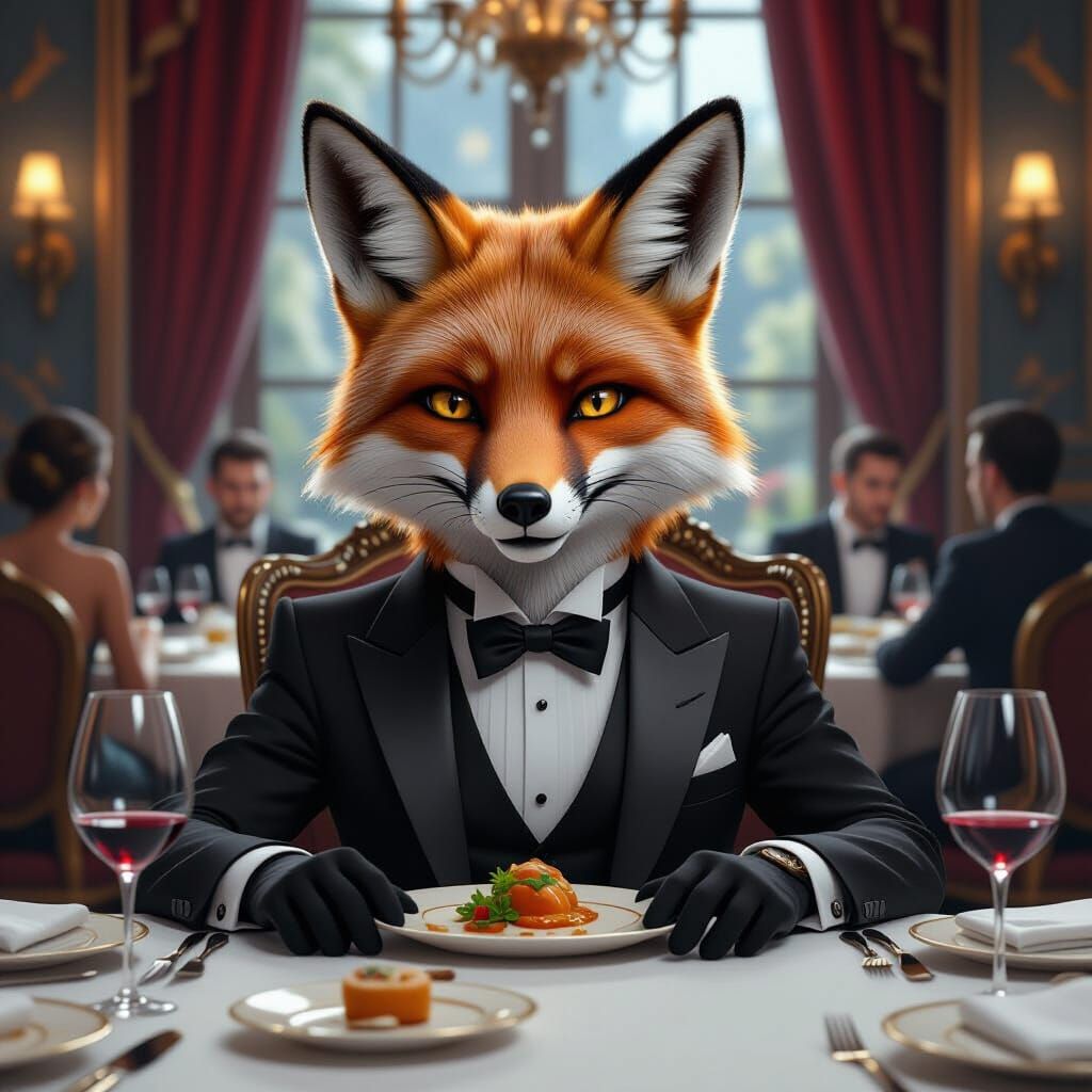 Anthropomorphic Fox in Tuxedo at Sophisticated Dinner Party
