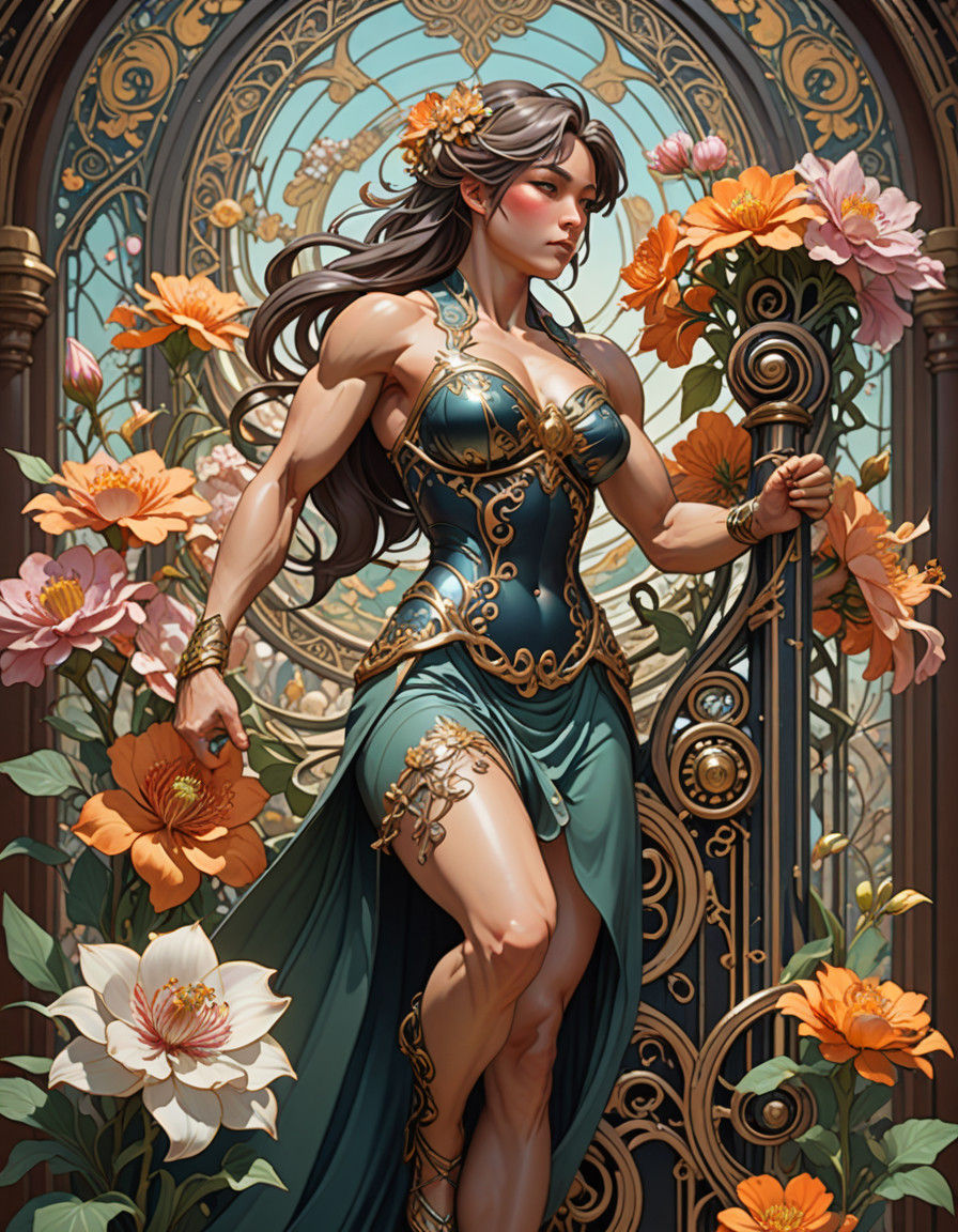 Muscular Female Bodybuilder in Art Nouveau Gym Setting