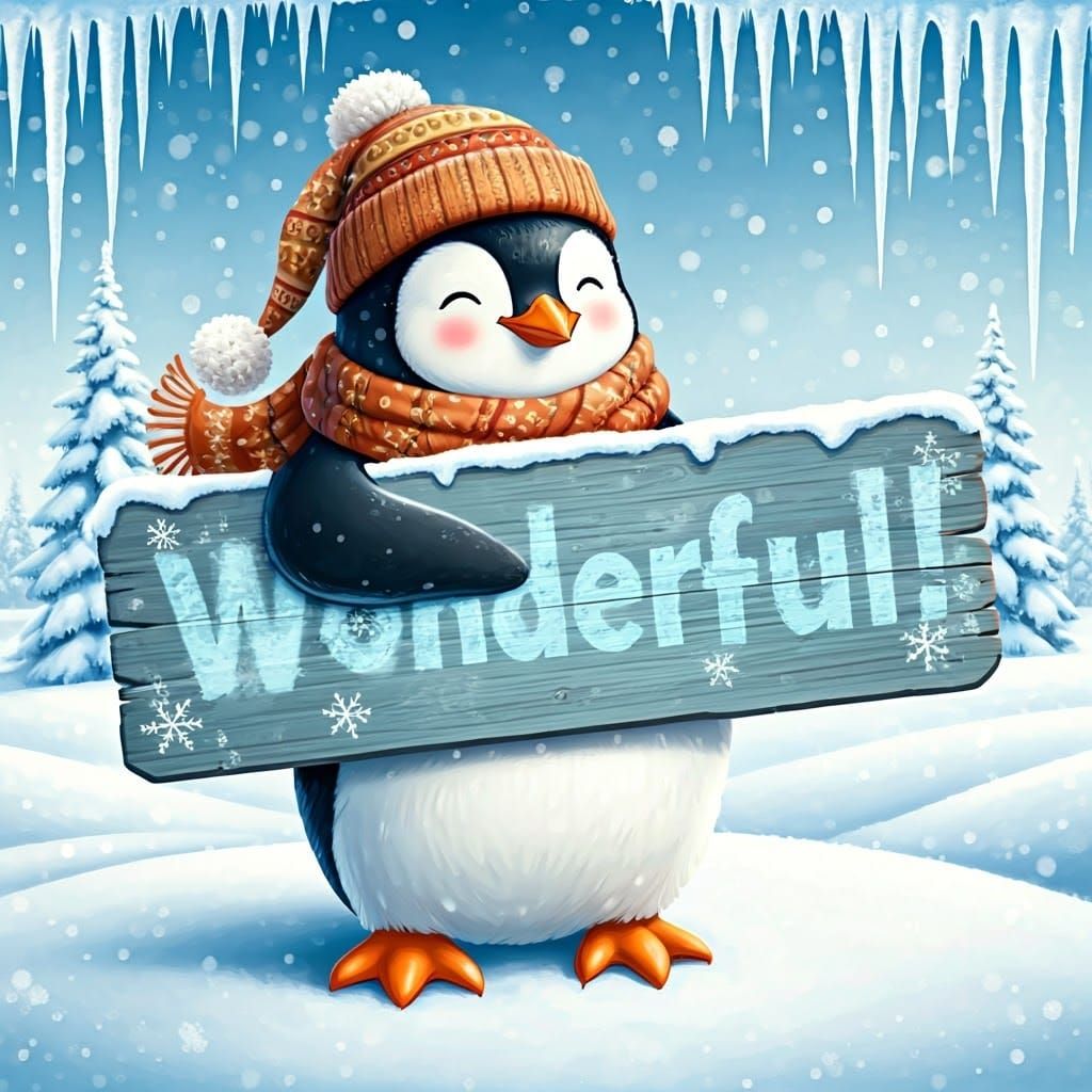 Whimsical Penguin in a Cozy Winter Scene