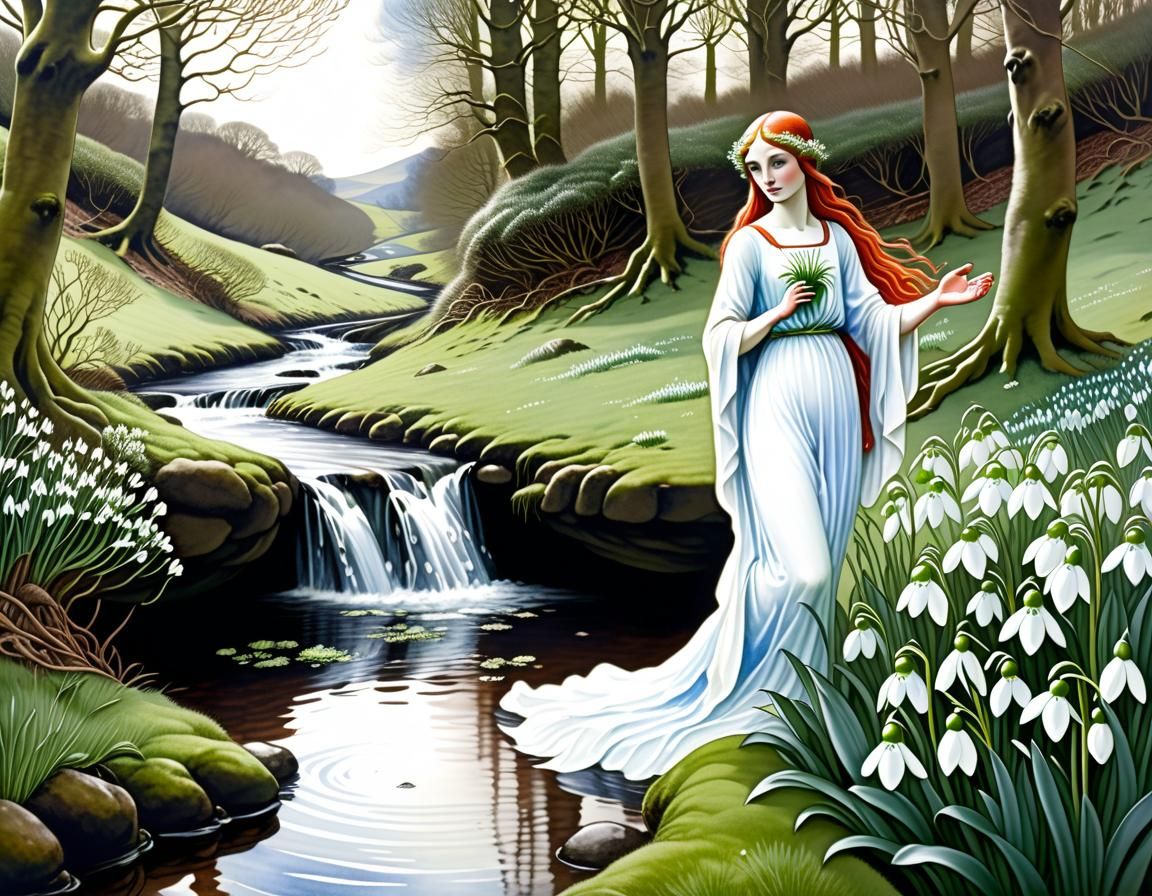 Lilith by Stream with Snowdrops in Watercolour