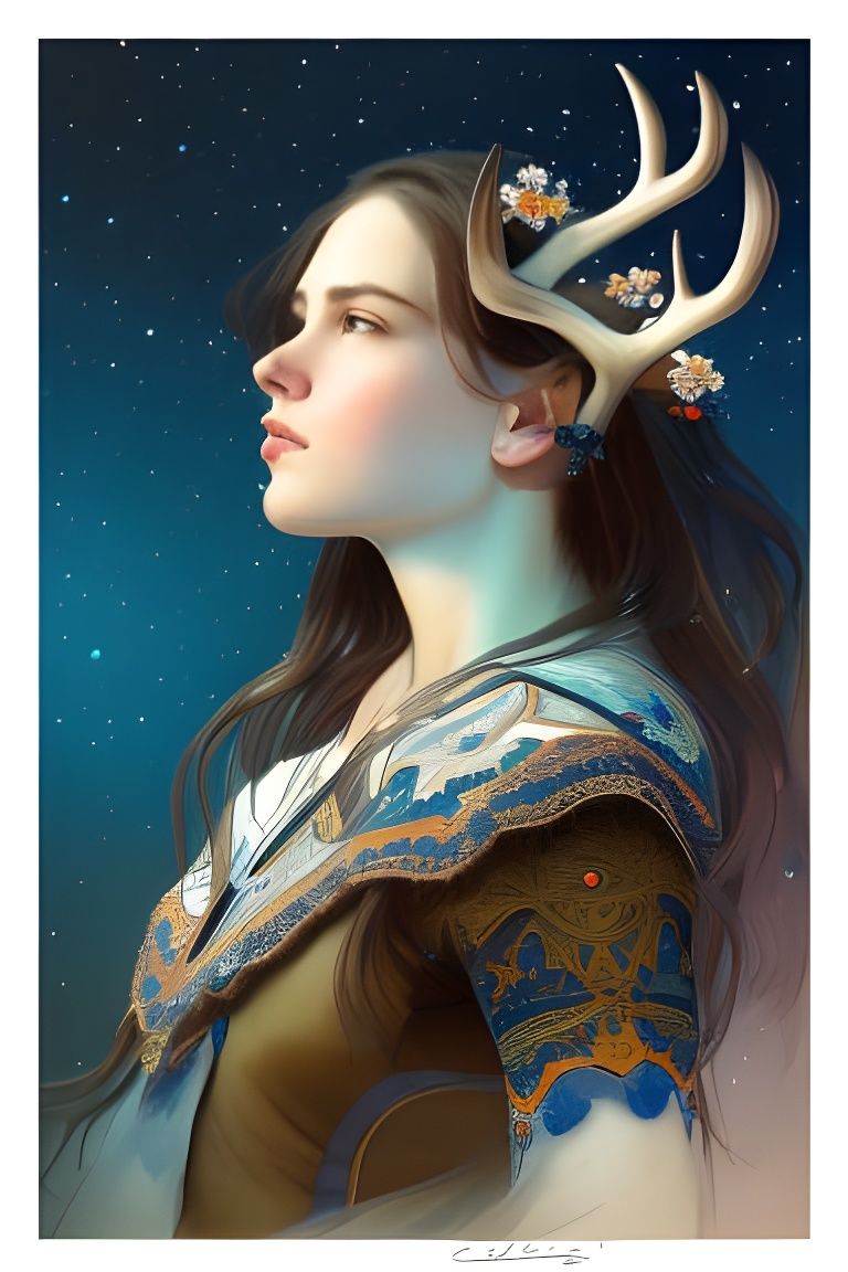 Girl Knight with Deer Antlers under Starry Sky