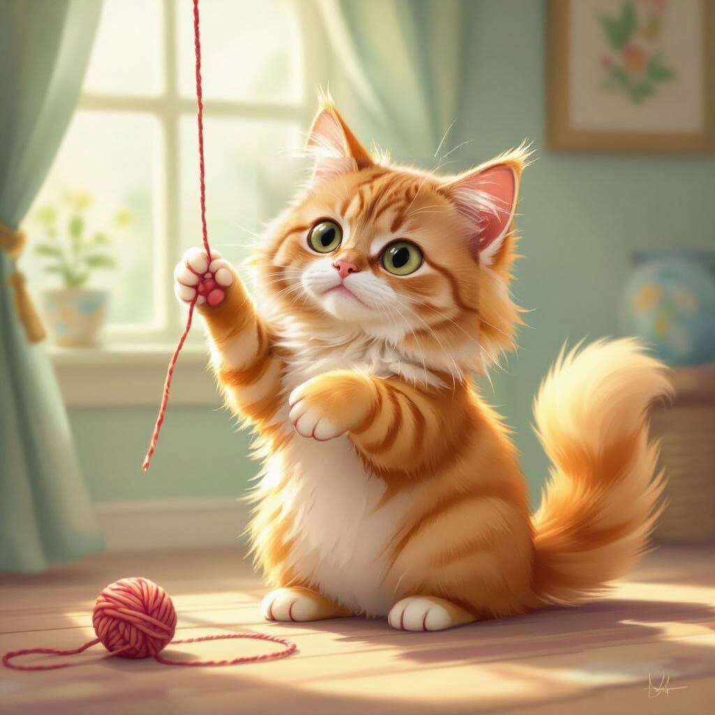 Fluffy Ginger Cat Playing with Yarn in Storybook Style