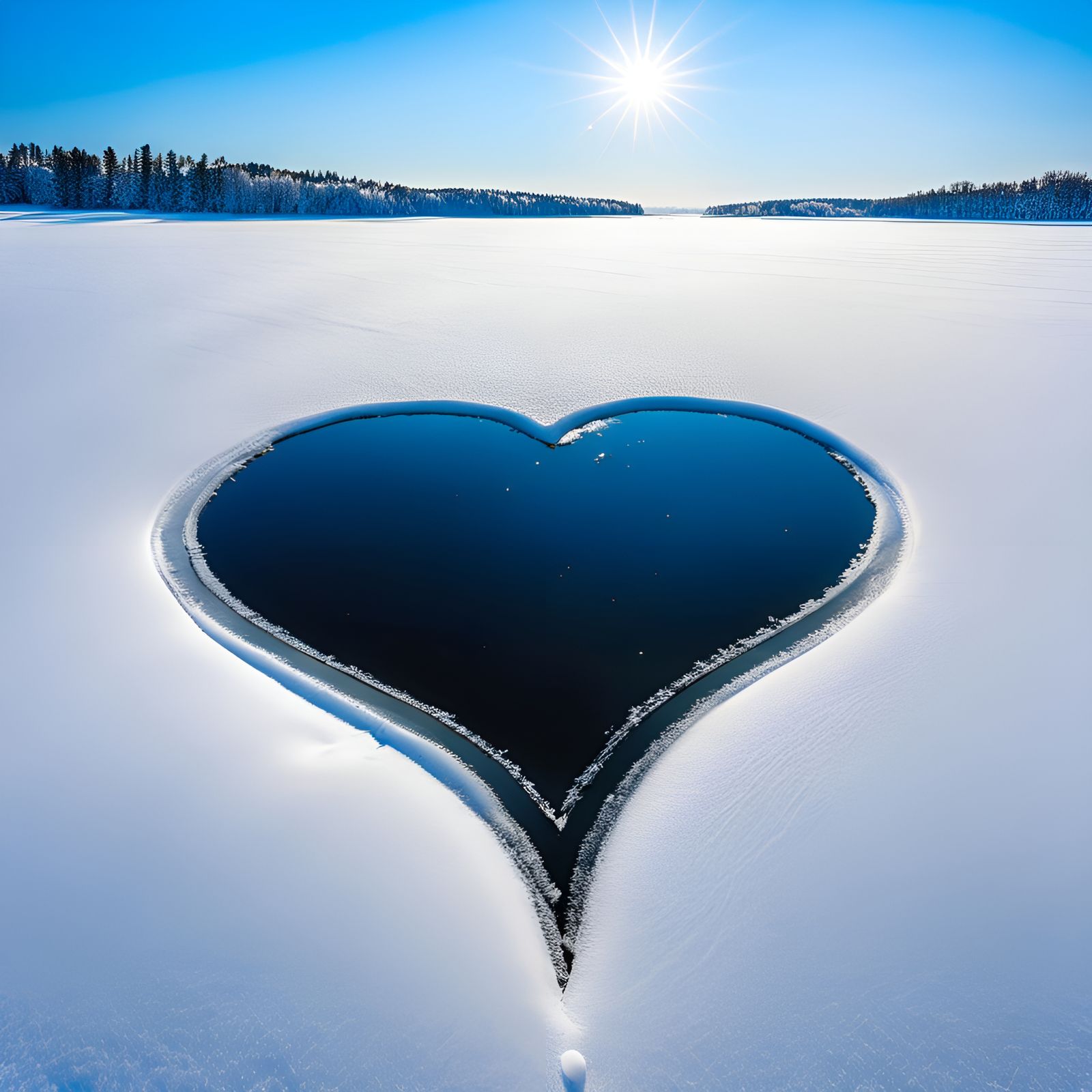 Heart-Shaped Hole in Frozen Winter Lake