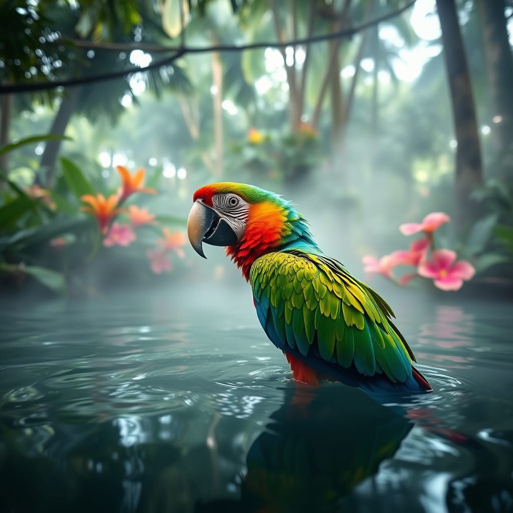Vibrant Macaw Lounging in Misty Hot Spring