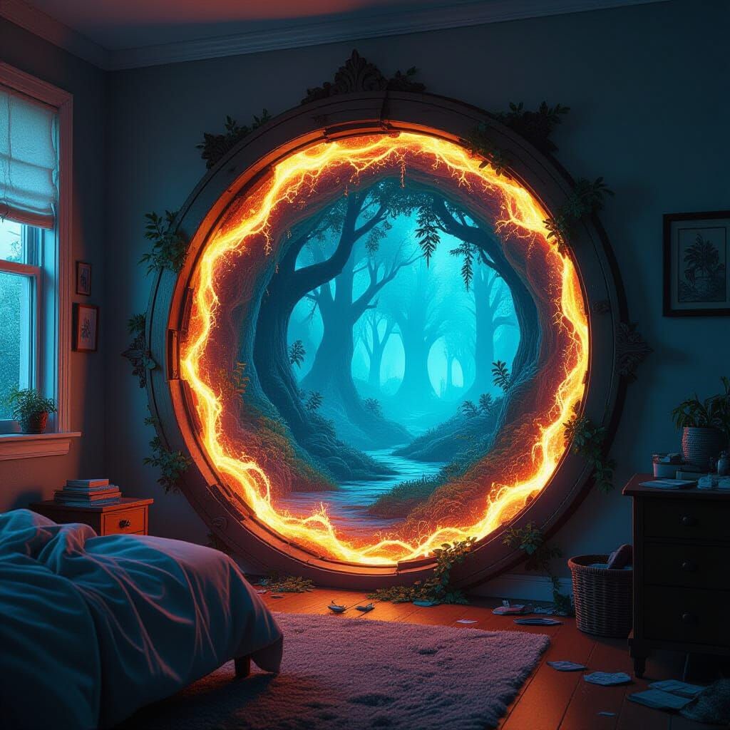 Mythical Forest Portal in Messy Bedroom