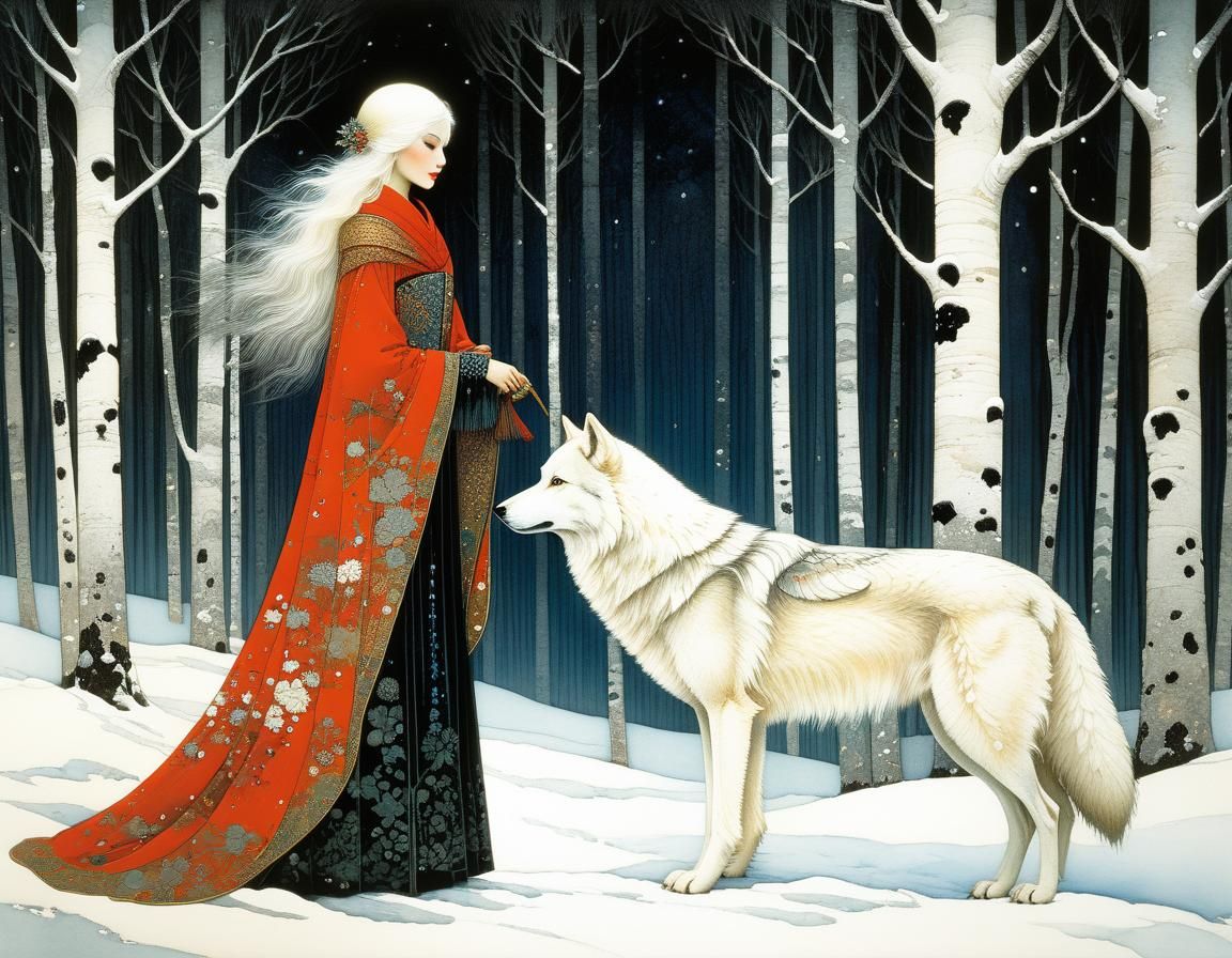 Winter Goddess with Multi-Limbed White Wolf