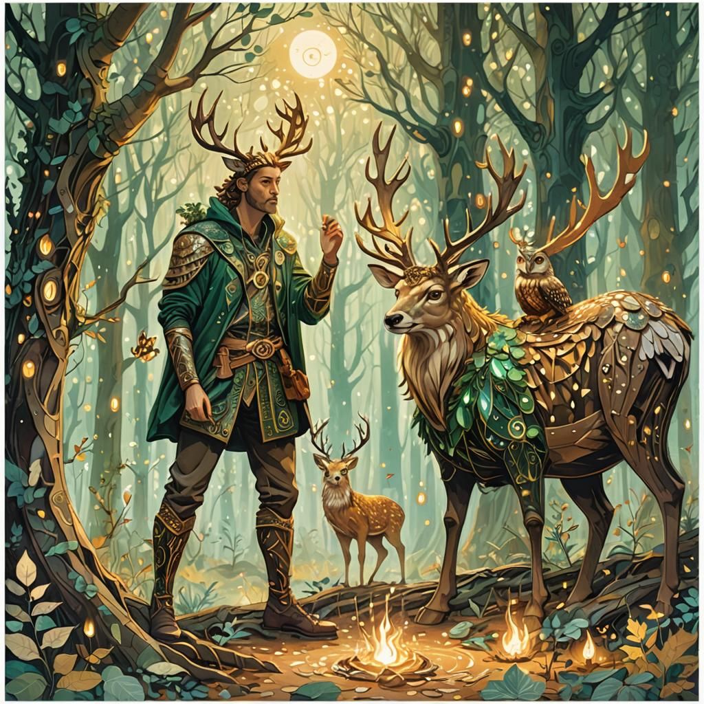 Mystical Forest Scene with Stag and Owl