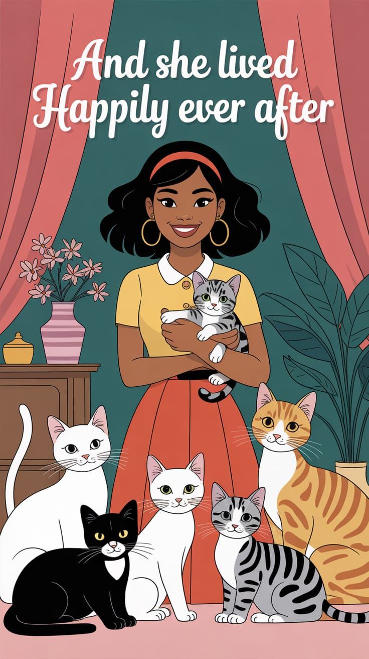 Stylish Woman Surrounded by Cats Living Happily