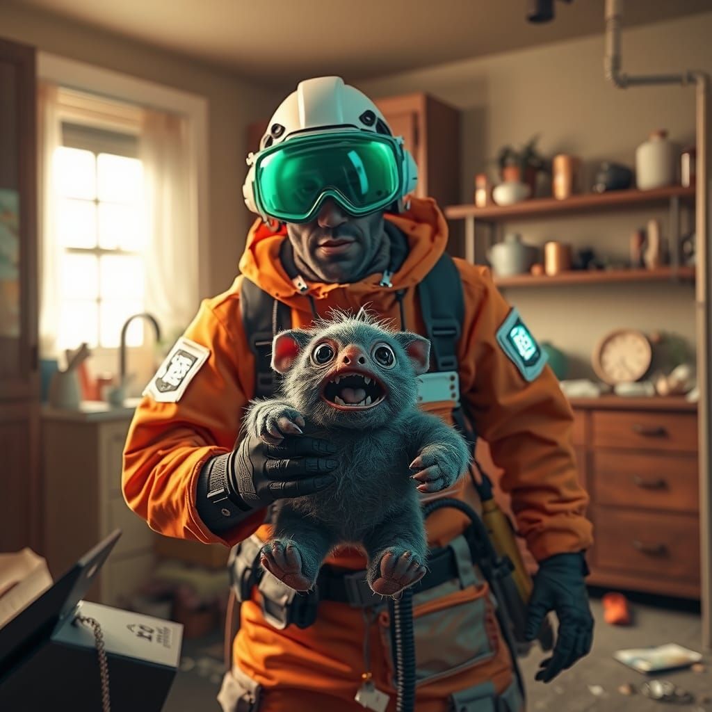 Futuristic Pest Control Worker Captures Cute Monster