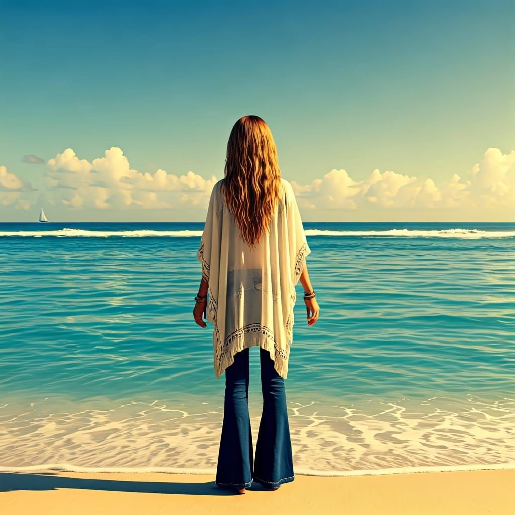 Tropical Beach Sunset: Woman Gazing at Horizon