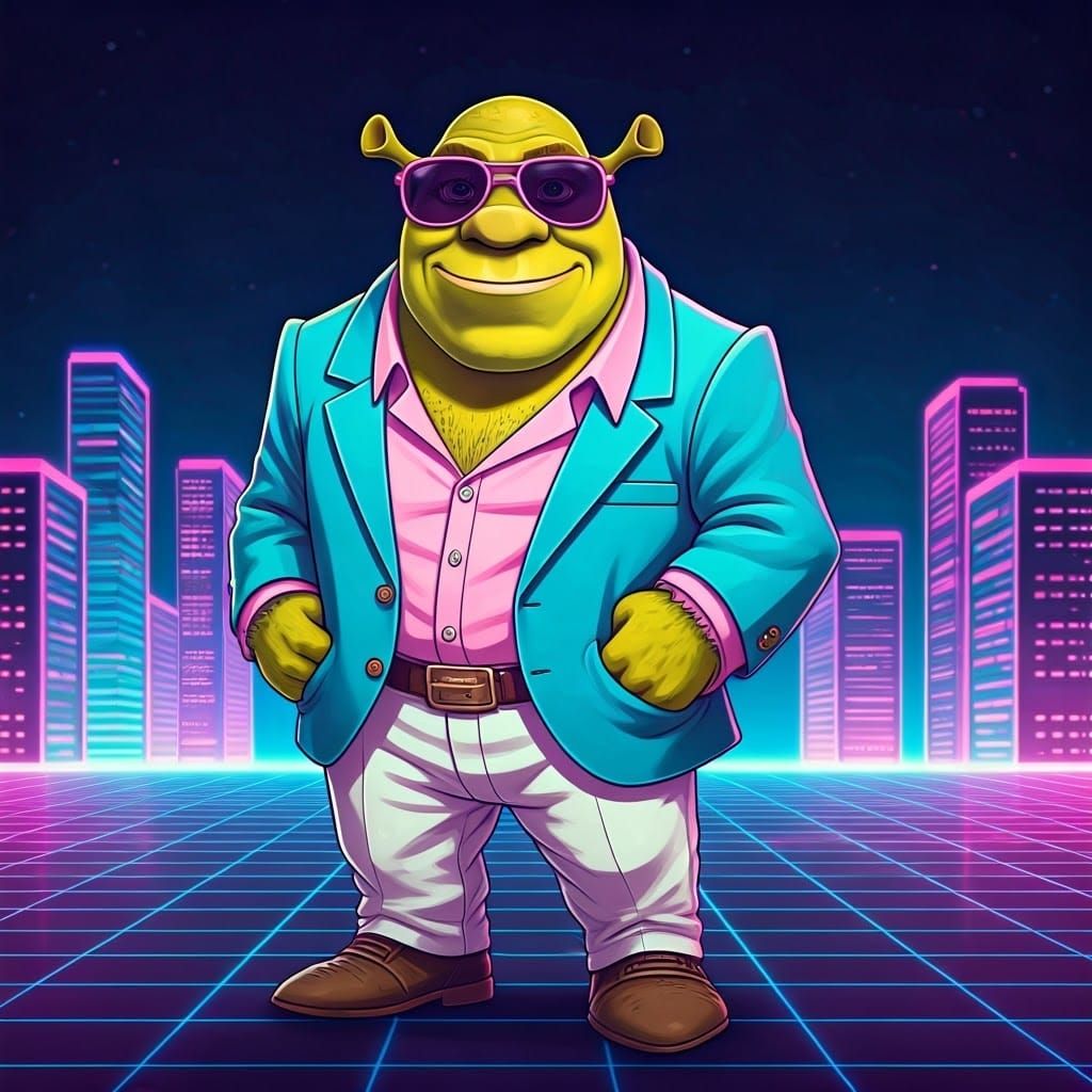 Neon Shrek in Futuristic Cityscape