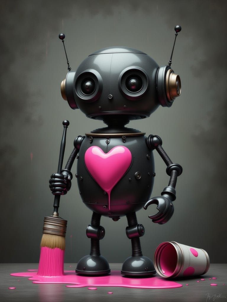 Vintage Robot with Pink Heart in Retro-Futuristic Style