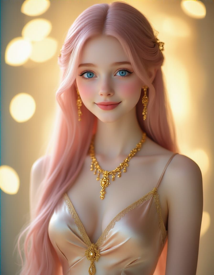 Petite Woman With Pink Hair And Blue Eyes In Silky Dress