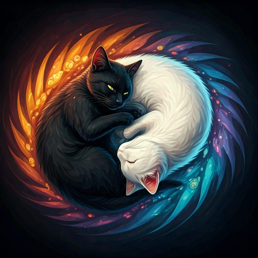 Yin and Yang Cats in Detailed Digital Painting