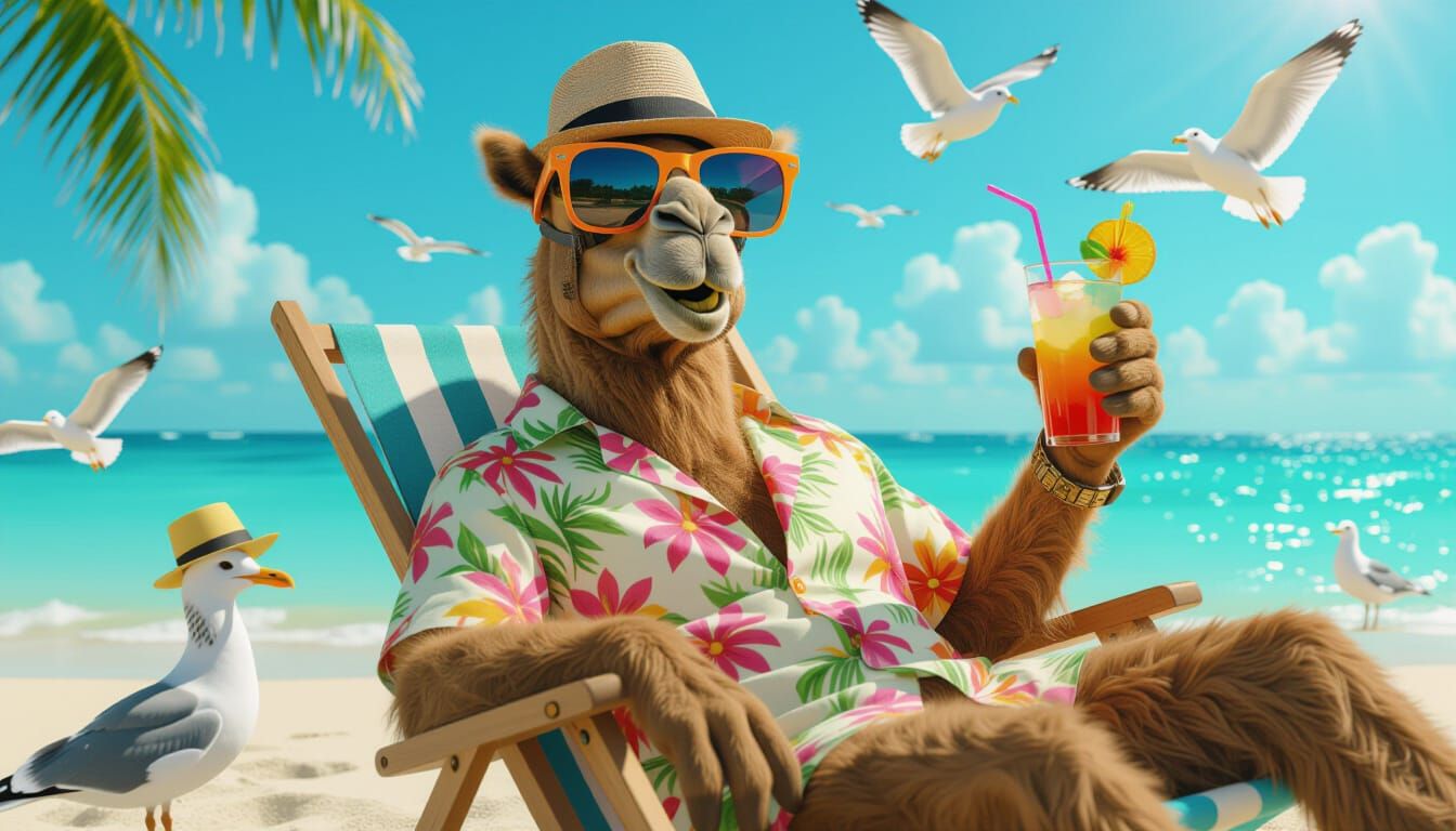 Surprised Camel on Beach in Hyperrealistic Style