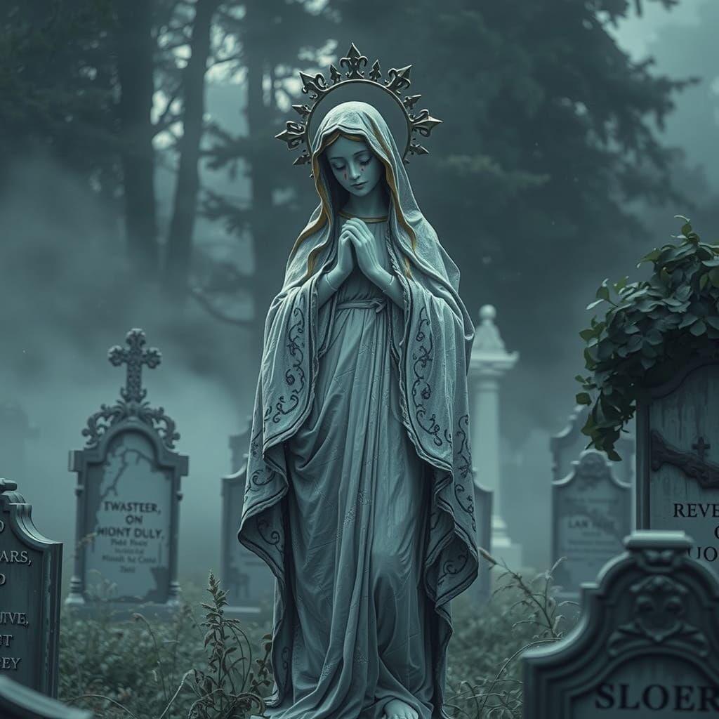 Virgin Mary Statue in Foggy Cemetery