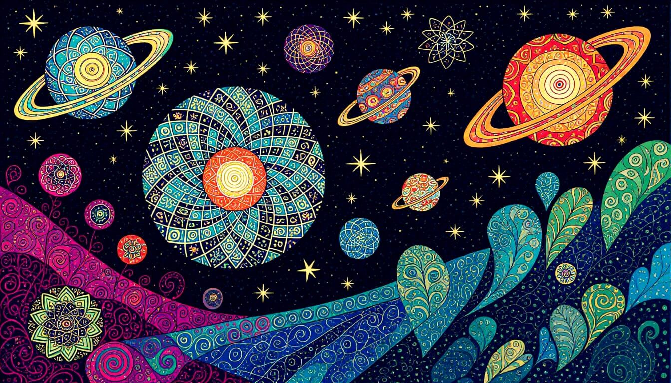 Space Noir Zentangle Art with Psychedelic Elements