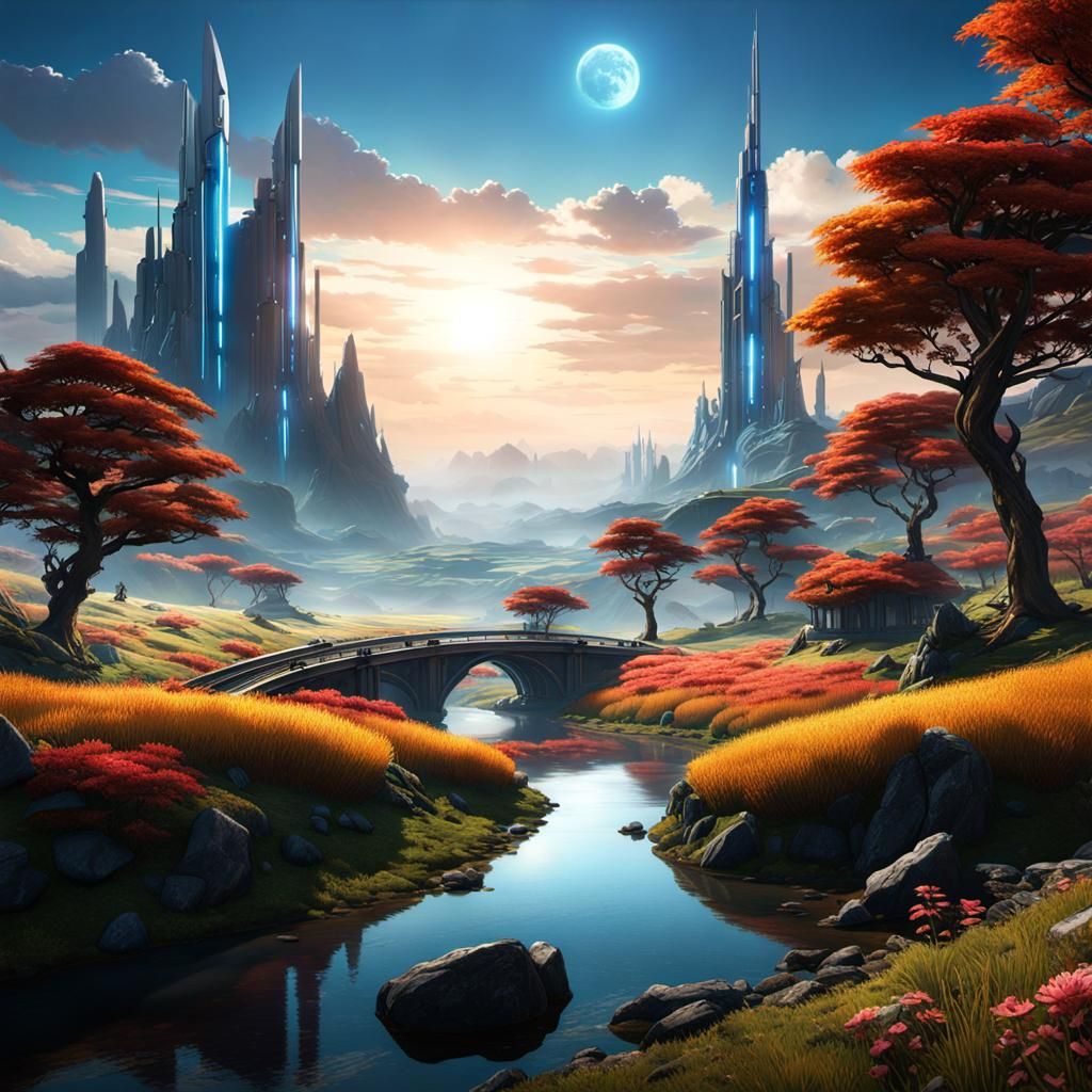 Anime Sci-Fi Planetscape with Robotic Companions