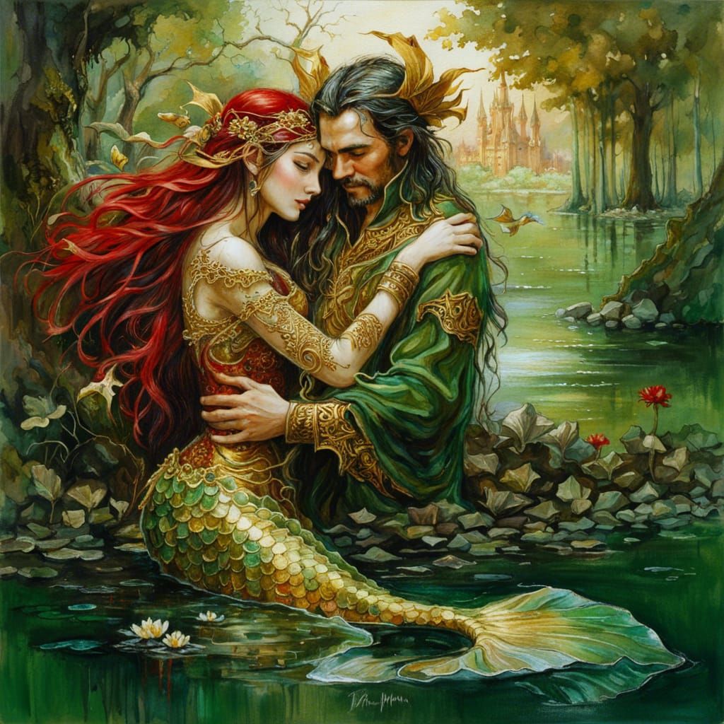 Mermaid and Elf King Embrace in Dark Fantasy Style