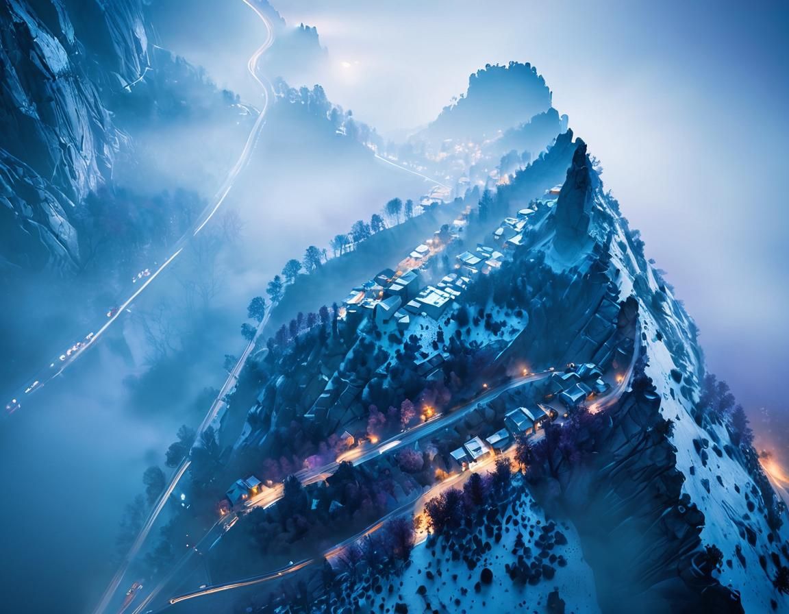 City in Valley Under Foggy Starry Sky