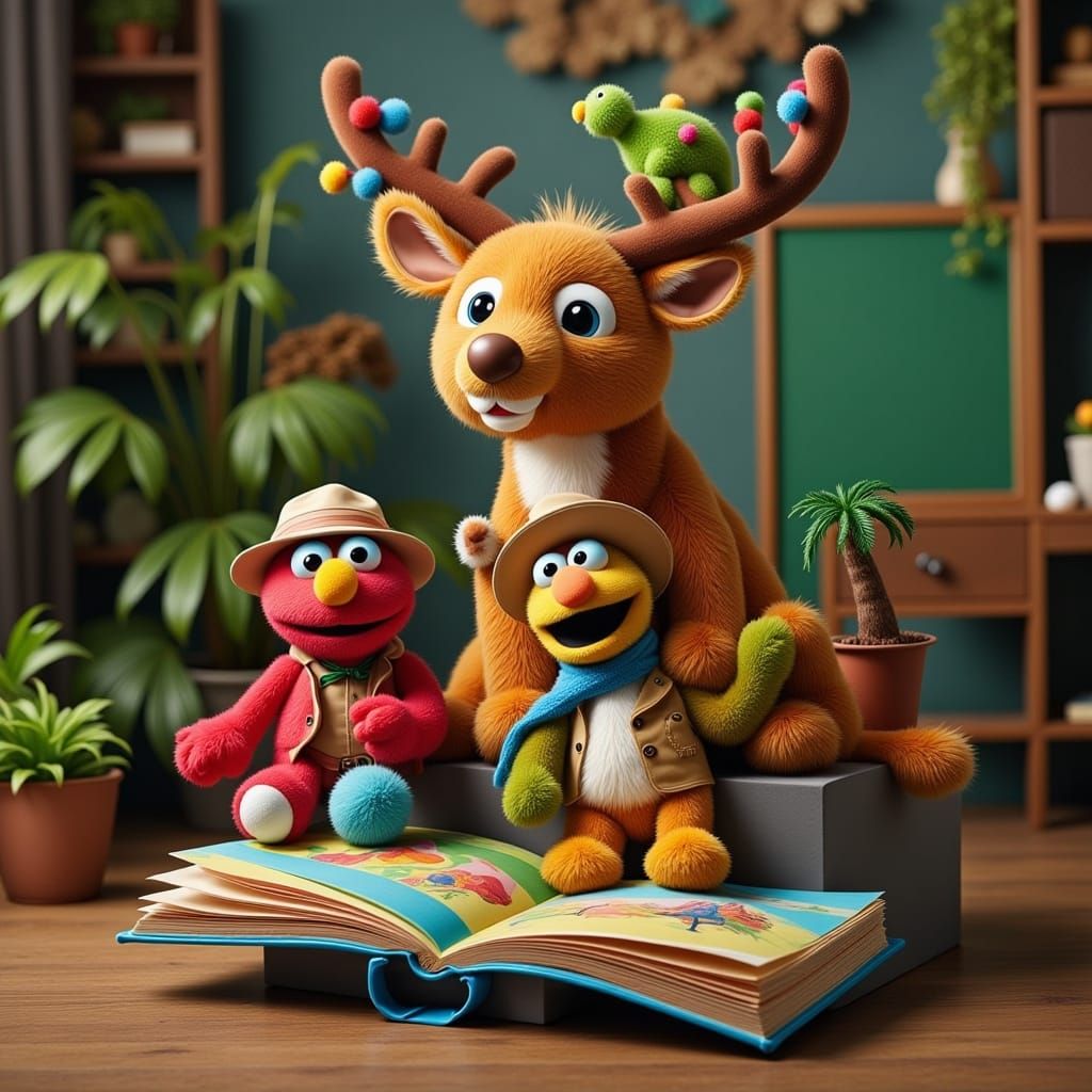 Sesame Street Characters Studio Shot with Plush Deer and Din...