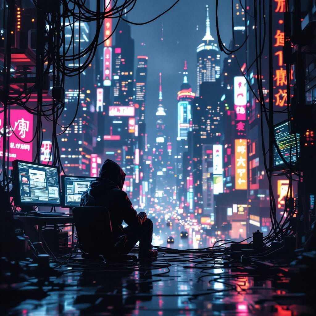 Futuristic Cityscape Hacker in Hyperrealistic Style