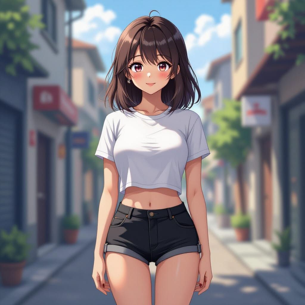 Satisfied Anime Girl with Red Face in Manga Style