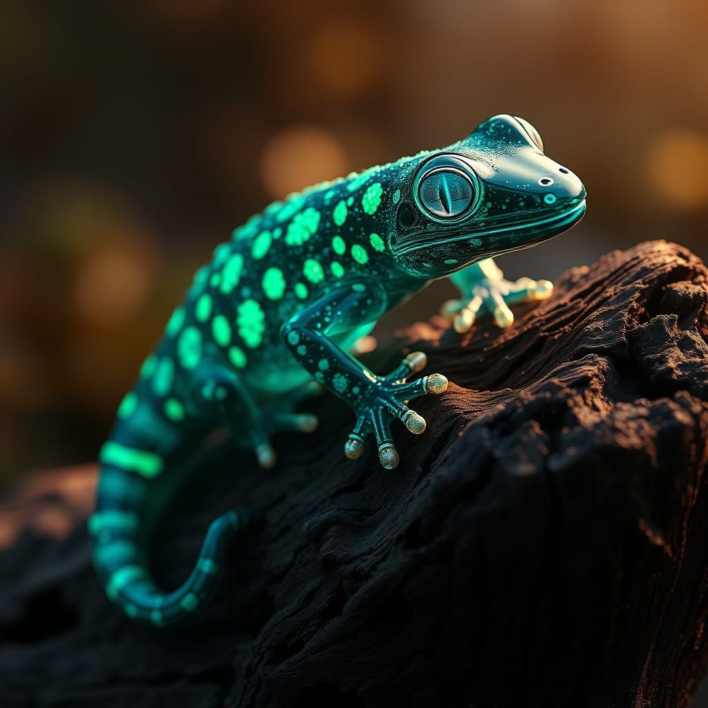 Bioluminescent Gecko Sculpture in Crystal Glass