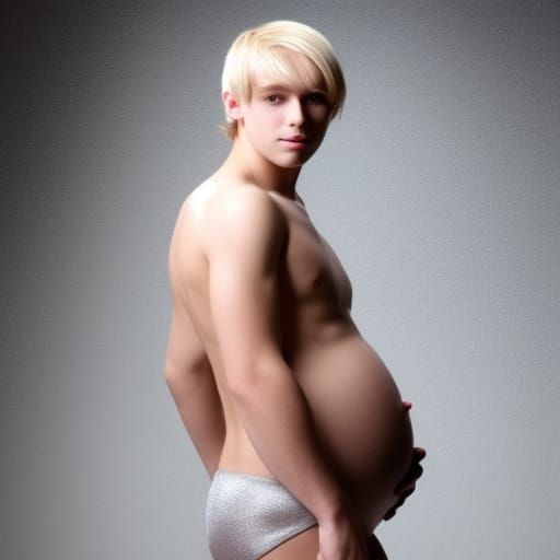 Pregnant Boy in Silver Catsuit: Futuristic Portrait