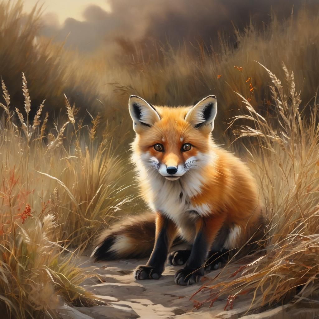 Fox Cub in Windswept Seascape, Oil Painting