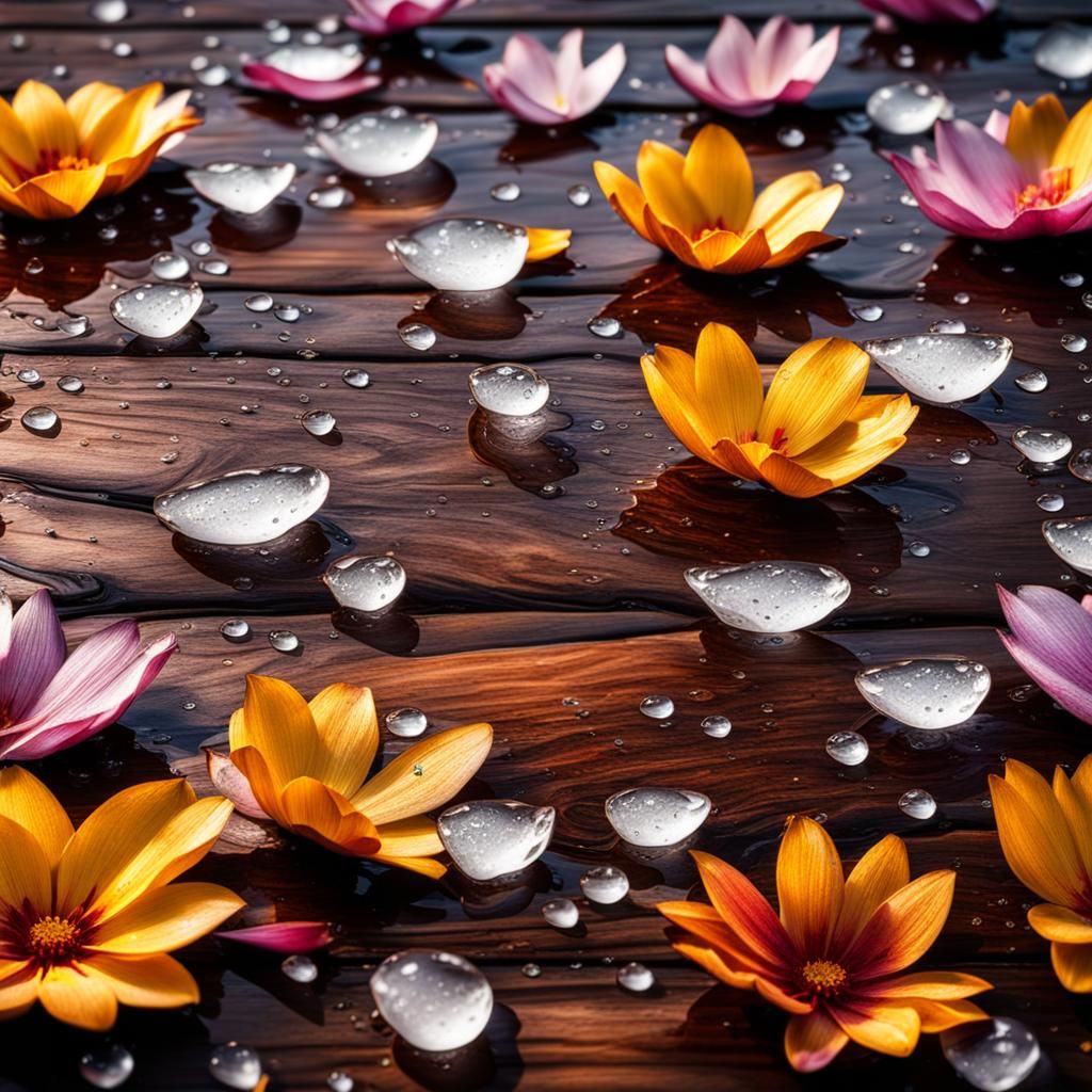 Hyperrealistic Flower Petals on Hardwood Floor