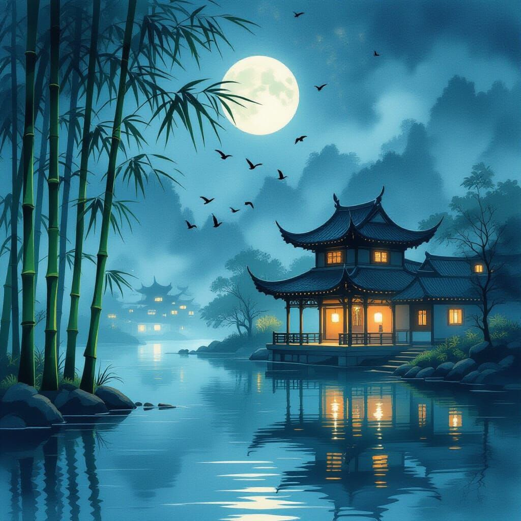 Tranquil Bamboo Night Scene with East Asian Architecture