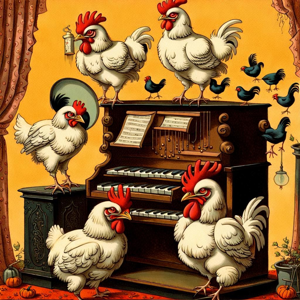 Gothic Victorian Chickens Halloween Organ Postcard