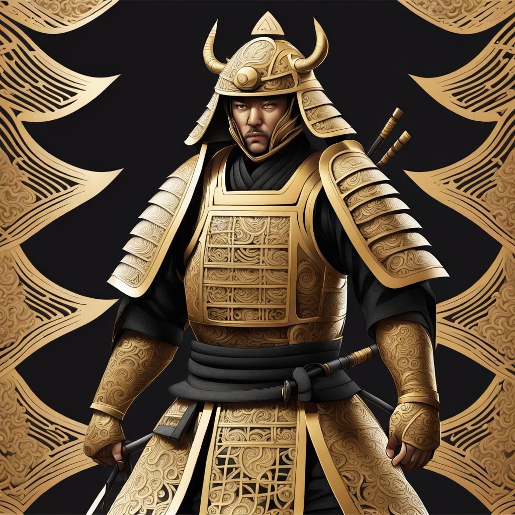 Ancient Japanese warrior, black and gold armor,  abstract vector fractal, wave function, Zentangle, 3d shading