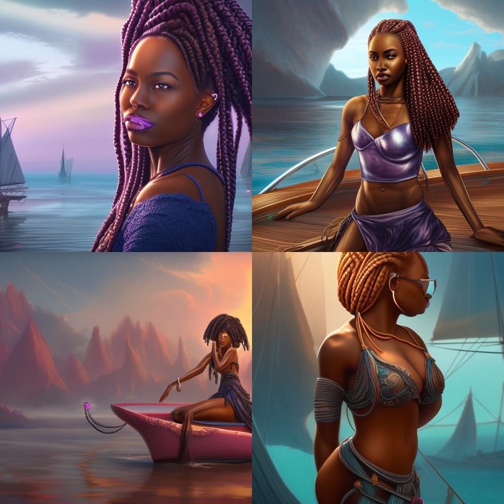 Black Woman with Braids on Yacht: Detailed Fantasy Art