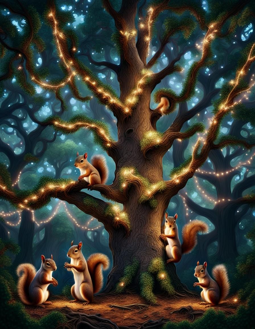 Squirrels Decorating a Christmas Tree in Forest