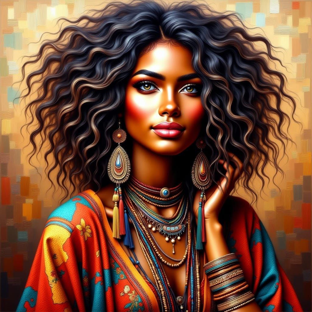 African Woman in Vibrant Textiles, Inspired by Ivorian Art