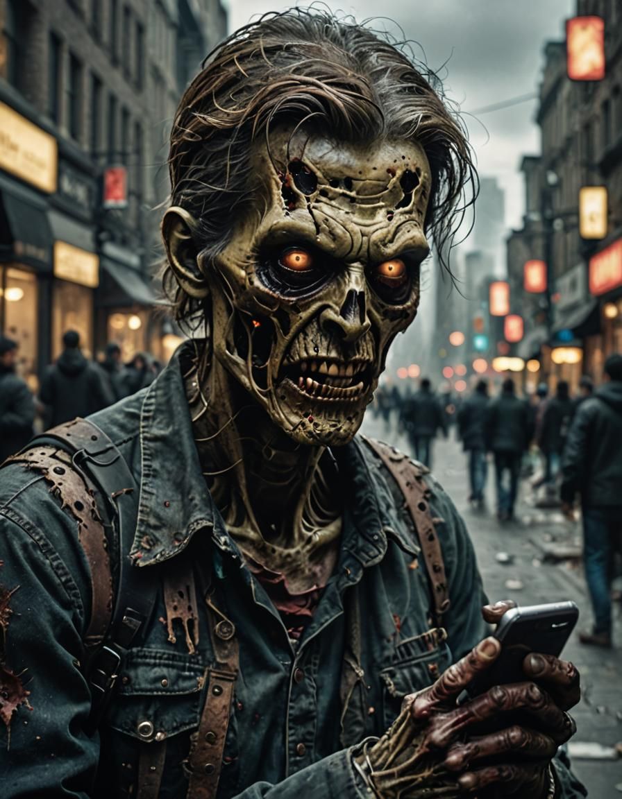 Hyperrealistic Phone Zombie Gazing at iPhone