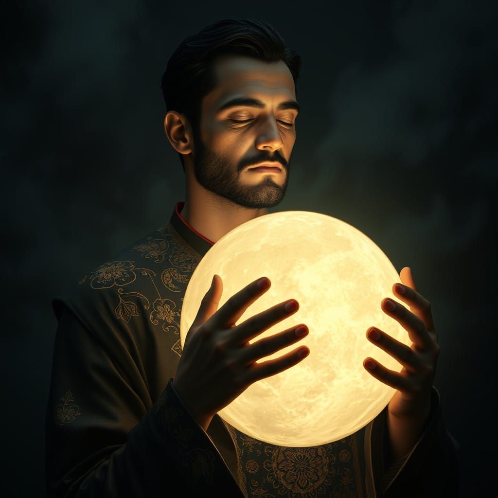 Ethereal Man Holds Glowing Moon-Globe in Deep Darkness