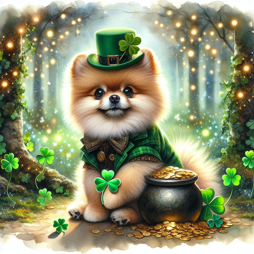 Whimsical Leprechaun Pomeranian in Magical Forest