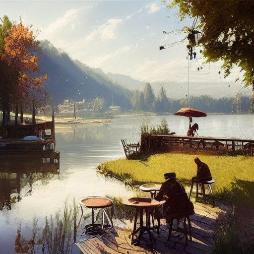Cafe by Lake in German City, Photorealistic Illustration